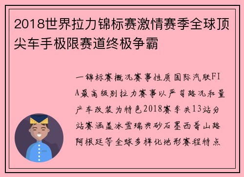 2018世界拉力锦标赛激情赛季全球顶尖车手极限赛道终极争霸